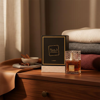 Perfume Khamrah Eau de Parfum Unissex - Lattafa em ambiente elegante de lifestyle