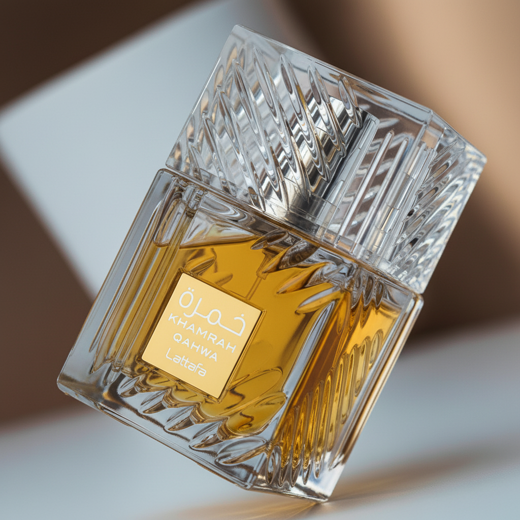 Detalhe do frasco do perfume Khamrah Qahwa Eau de Parfum Unissex - Lattafa com foco no vidro e no líquido
