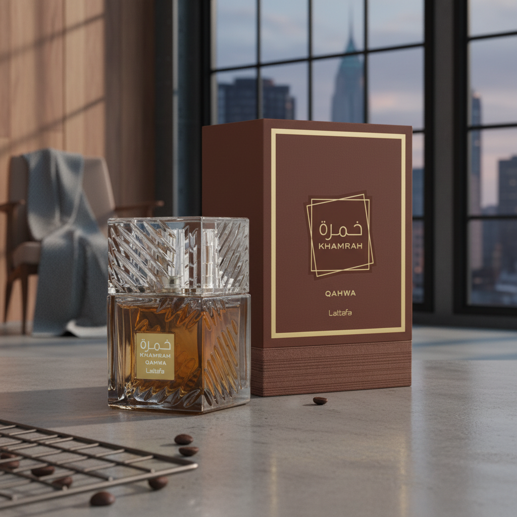 Perfume Khamrah Qahwa Eau de Parfum Unissex - Lattafa em ambiente elegante de lifestyle