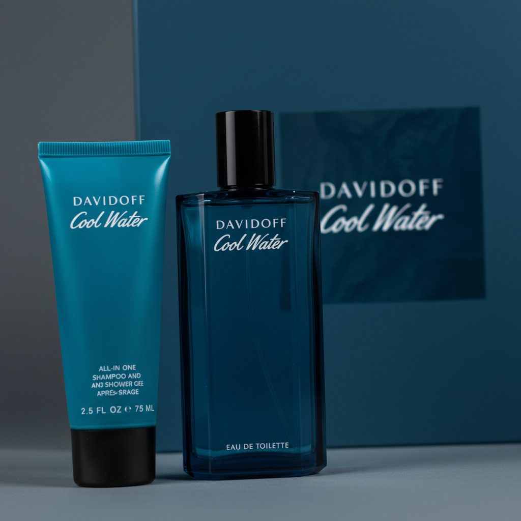 Detalhe do frasco do perfume Kit Davidoff Cool Water Masculino Eau de Toilette - Davidoff com foco no vidro e no líquido