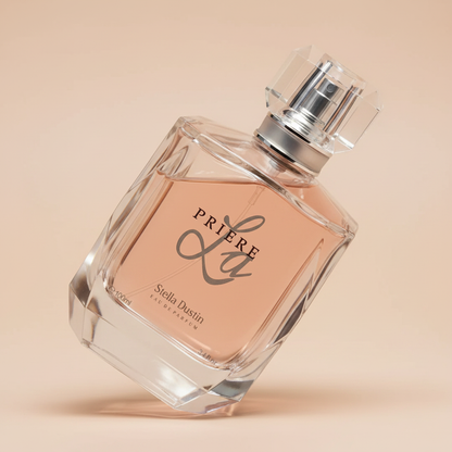 Detalhe do frasco do perfume La Priere Eau de Parfum Feminino - Stella Dustin com foco no vidro e no líquido