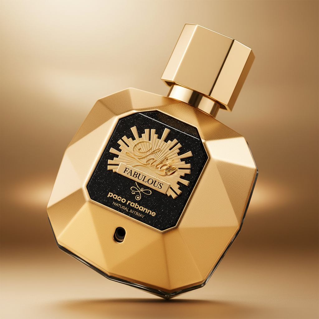 Detalhe do frasco do perfume Lady Million Fabulous Eau de Parfum Intense Feminino - Paco Rabanne com foco no vidro e no líquido