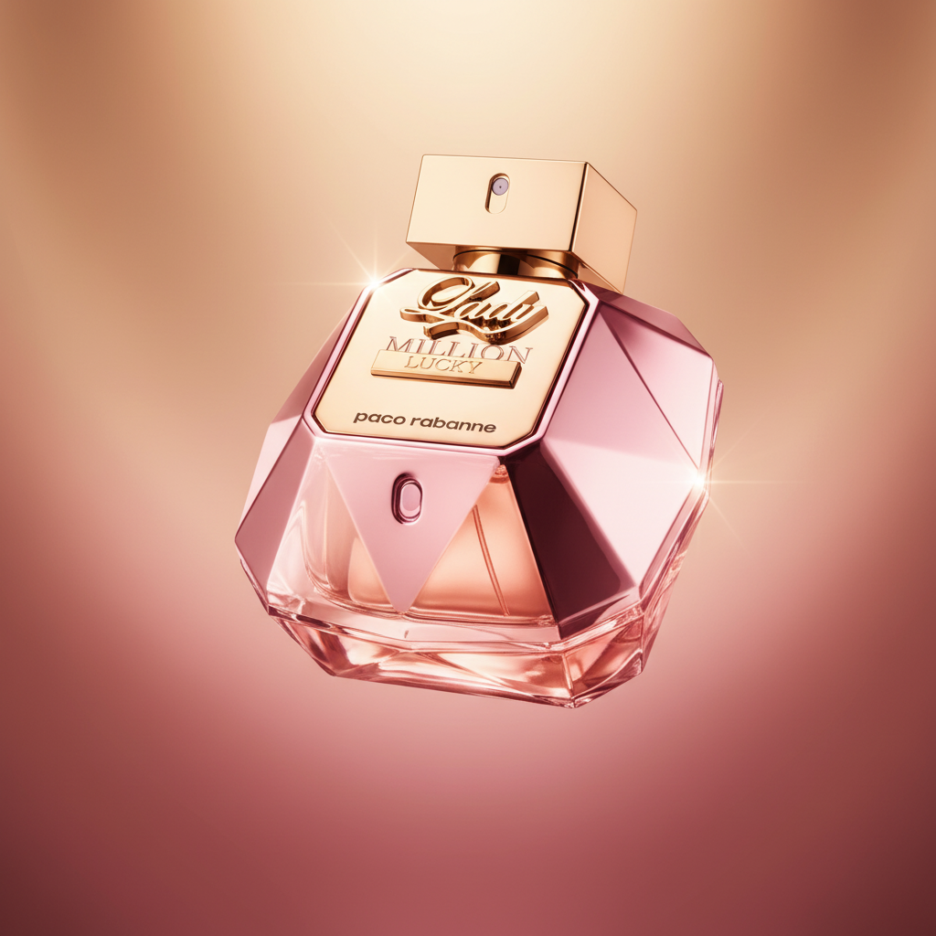 Perfume Lady Million Lucky Eau de Parfum Feminino - Paco Rabanne em composição atmosférica com iluminação sofisticada