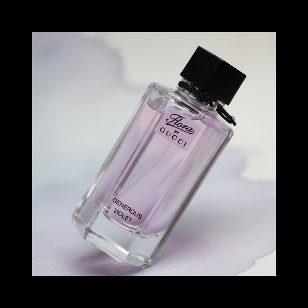 Detalhe do frasco do perfume Miniatura Flora By Gucci Generous Violet Eau de Toilette Feminino - Gucci com foco no vidro e no líquido