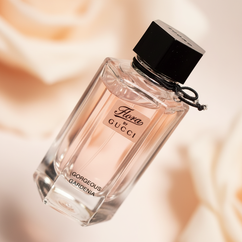 Detalhe do frasco do perfume Miniatura Flora By Gucci Gorgeous Gardenia Eau de Toilette Feminino - Gucci com foco no vidro e no líquido