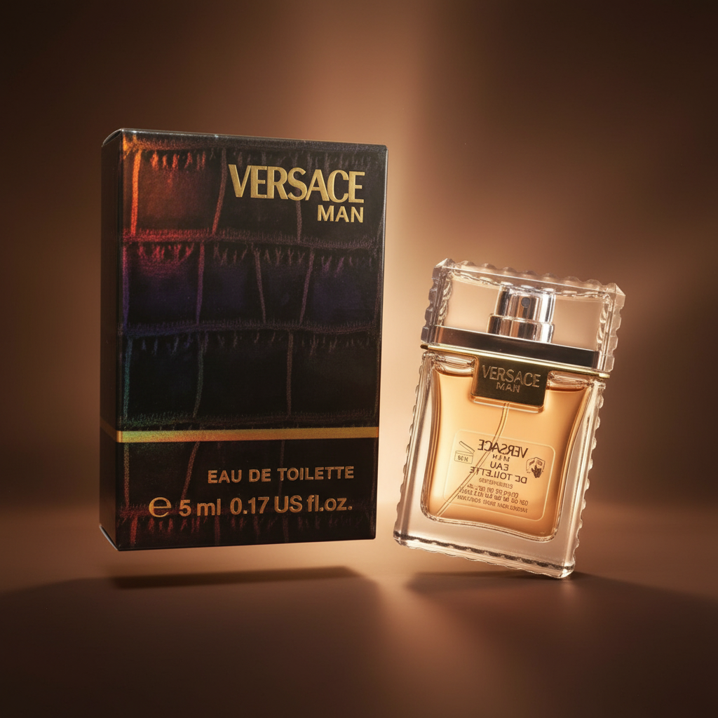 Perfume Miniatura Versace Man Eau de Toilette Masculino - Versace em composição atmosférica com iluminação sofisticada