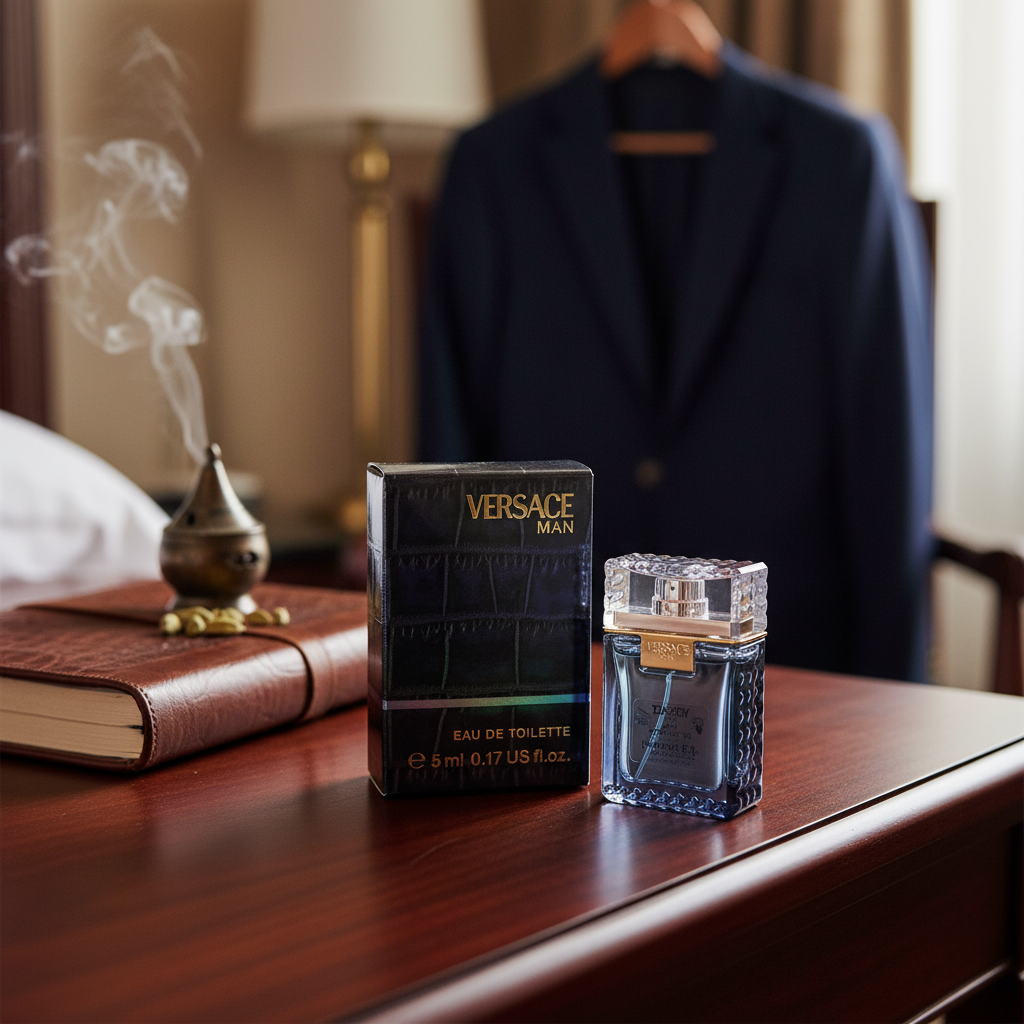 Perfume Miniatura Versace Man Eau de Toilette Masculino - Versace em ambiente elegante de lifestyle