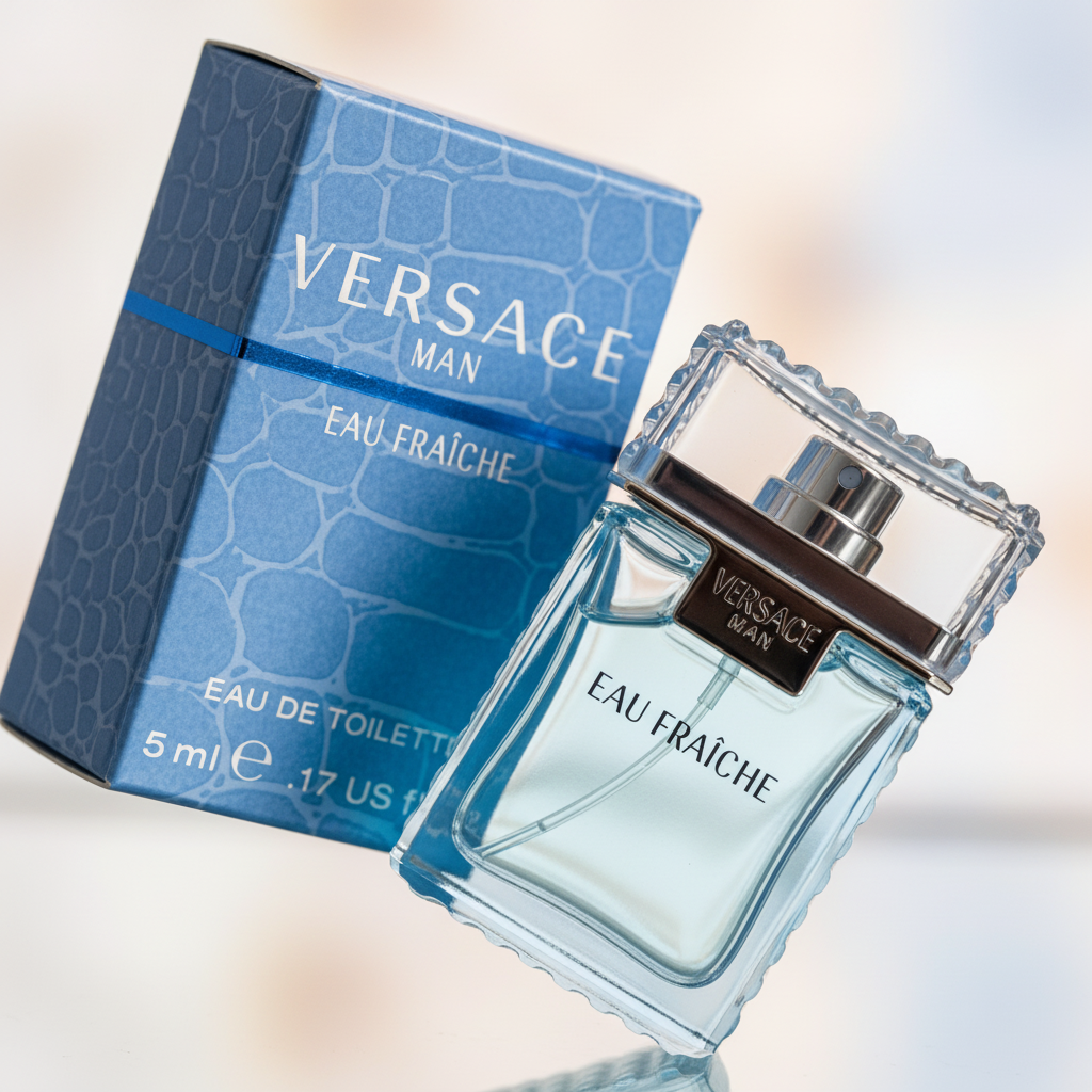 Detalhe do frasco do perfume Miniatura Versace Man Eau Fraîche Eau de Toilette Masculino - Versace com foco no vidro e no líquido