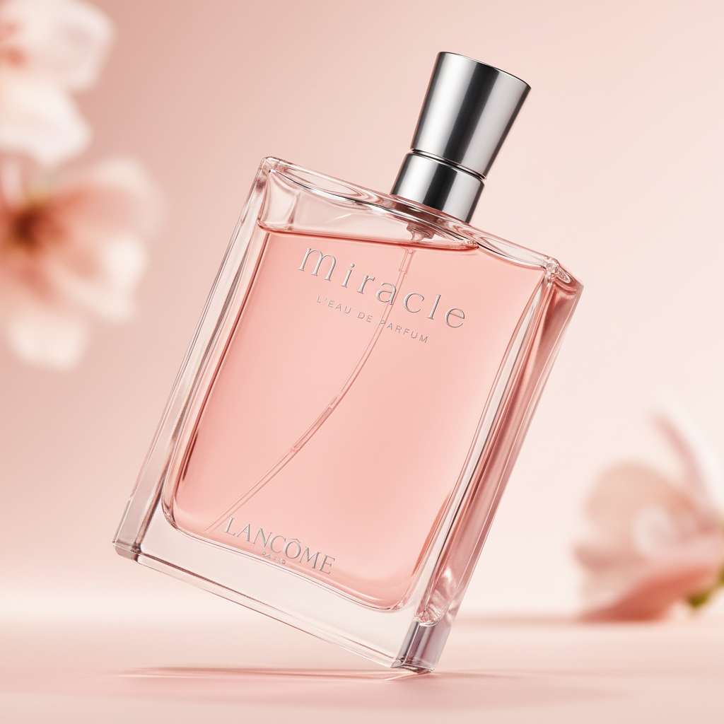 Detalhe do frasco do perfume Miracle L'Eau de Parfum Feminino - Lancôme com foco no vidro e no líquido