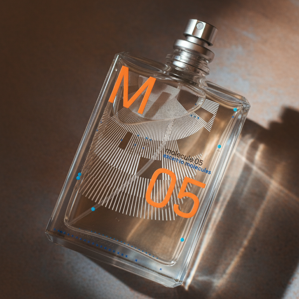 Detalhe do frasco do perfume Molecule 05 Eau de Toilette Unissex - Escentric Molecules com foco no vidro e no líquido