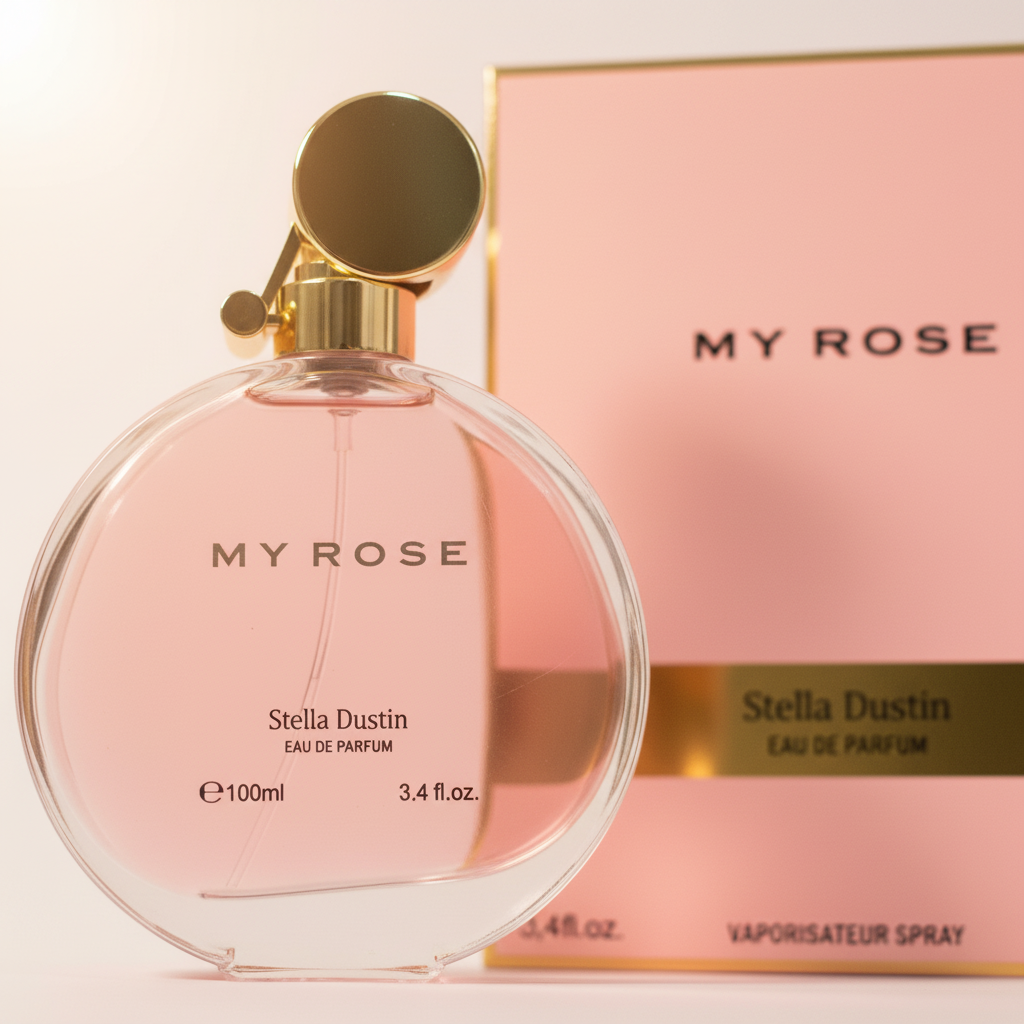 Detalhe do frasco do perfume My Rose Eau de Parfum Feminino - Stella Dustin com foco no vidro e no líquido