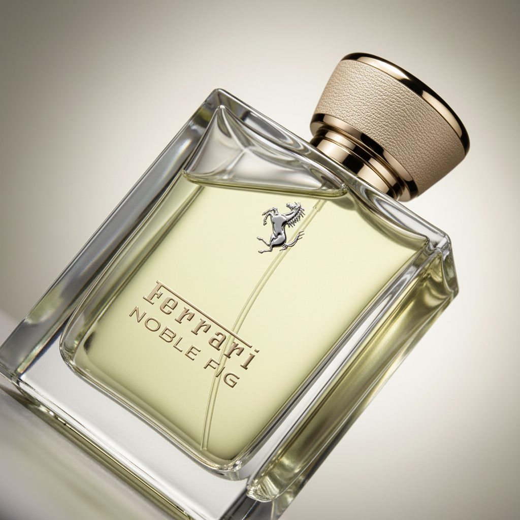 Detalhe do frasco do perfume Noble Fig Eau de Toilette Unissex - Ferrari com foco no vidro e no líquido