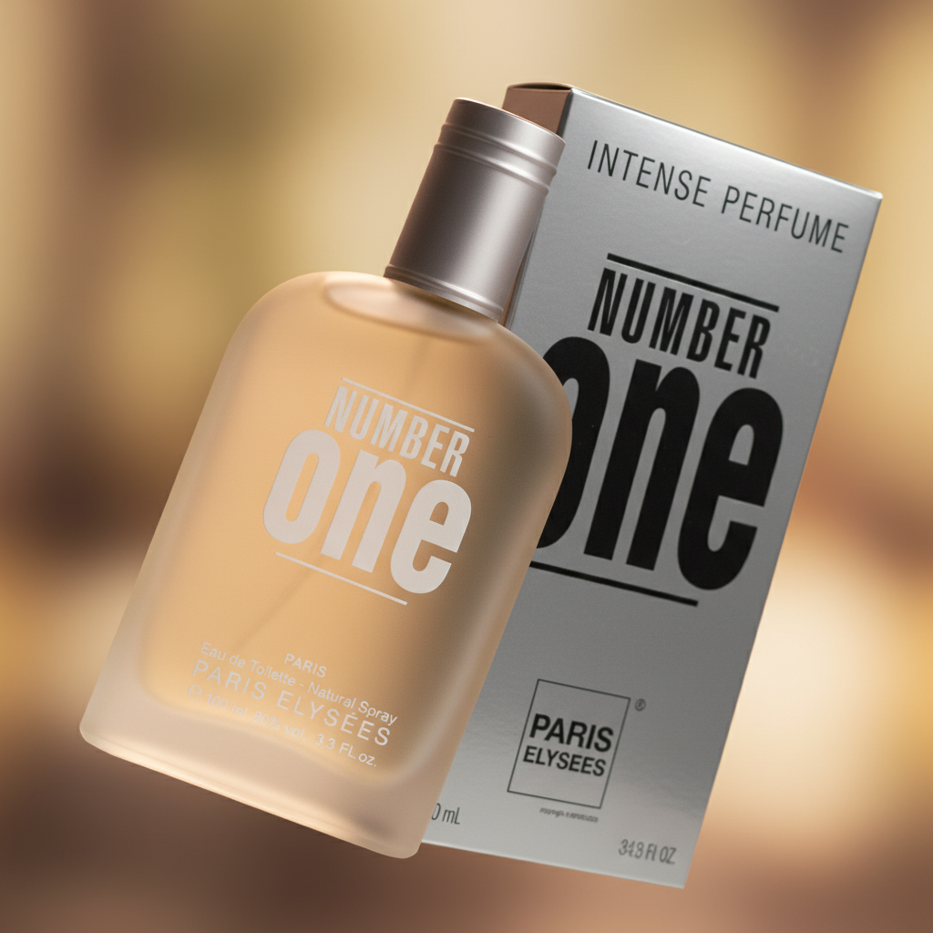 Detalhe do frasco do perfume Number One Eau de Toilette Unissex - Paris Elysees com foco no vidro e no líquido