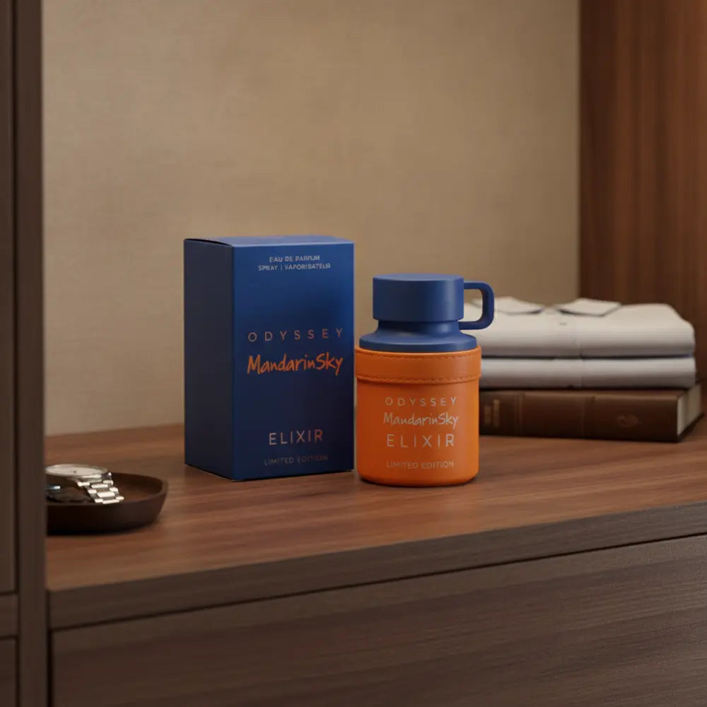 Perfume Odyssey Mandarin Sky Elixir Eau de Parfum Masculino - Armaf em ambiente elegante de lifestyle