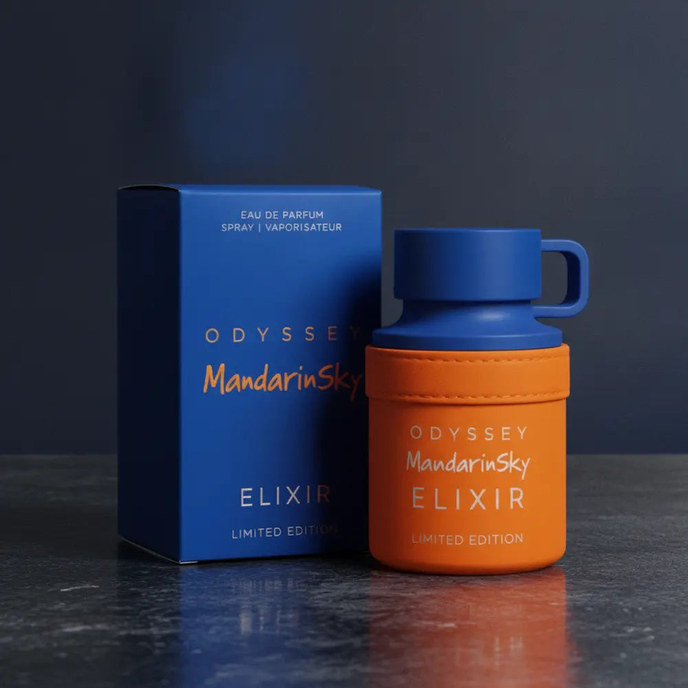 Perfume Odyssey Mandarin Sky Elixir Eau de Parfum Masculino - Armaf em composição de luxo com iluminação sofisticada
