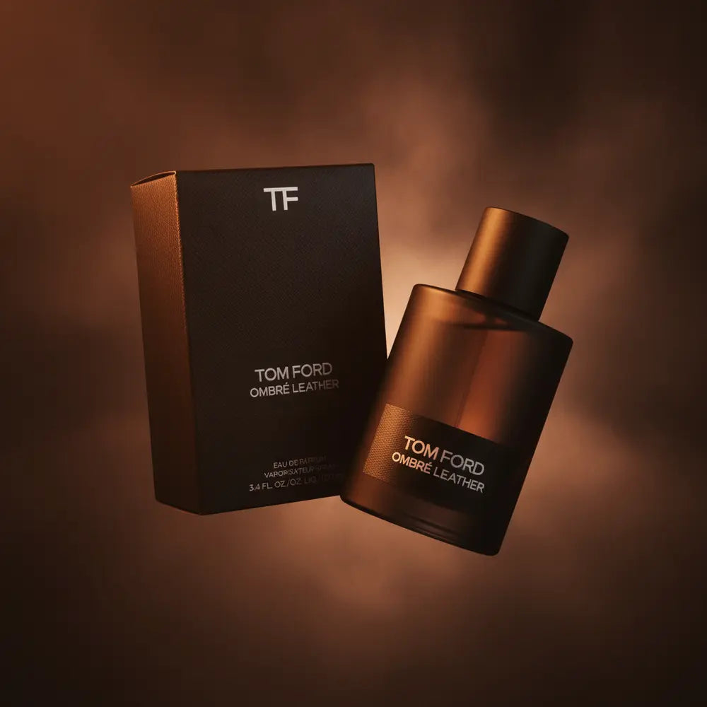 Perfume Ombré Leather Eau de Parfum Unissex - Tom Ford em composição atmosférica com iluminação sofisticada