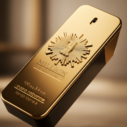 Detalhe do frasco do perfume One Million Eau de Parfum Masculino - Paco Rabanne com foco no vidro e no líquido