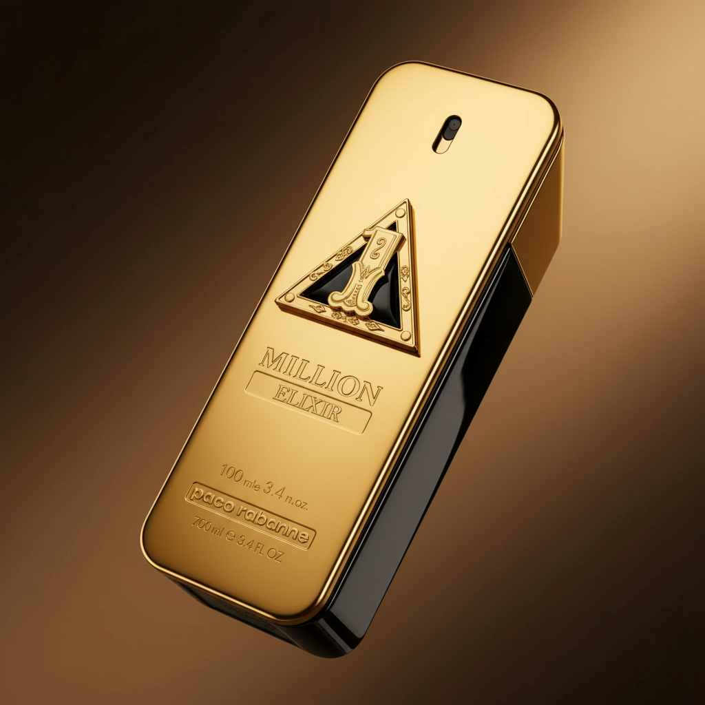 Detalhe do frasco do perfume One Million Elixir Eau de Parfum Intense Masculino - Paco Rabanne com foco no vidro e no líquido