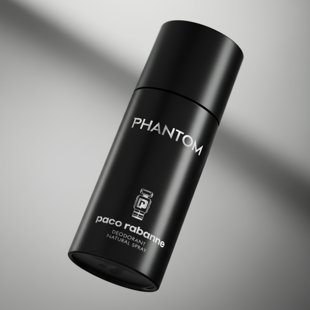 Detalhe do frasco do perfume Phantom Desodorante Spray Masculino - Rabanne com foco no vidro e no líquido