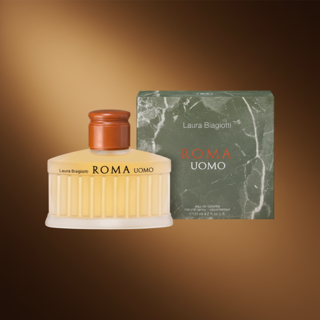 Perfume Roma Uomo Eau de Toilette Masculino - Laura Biagiotti em composição atmosférica com iluminação sofisticada