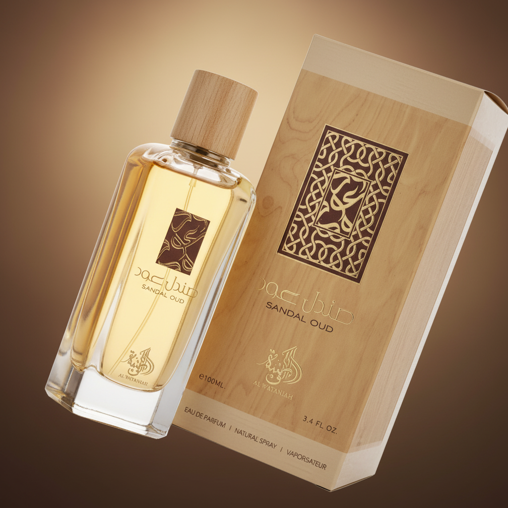 Detalhe do frasco do perfume Sandal Oud Eau de Parfum Unissex - Al Wataniah com foco no vidro e no líquido