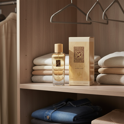 Perfume Sandal Oud Eau de Parfum Unissex - Al Wataniah em ambiente elegante de lifestyle