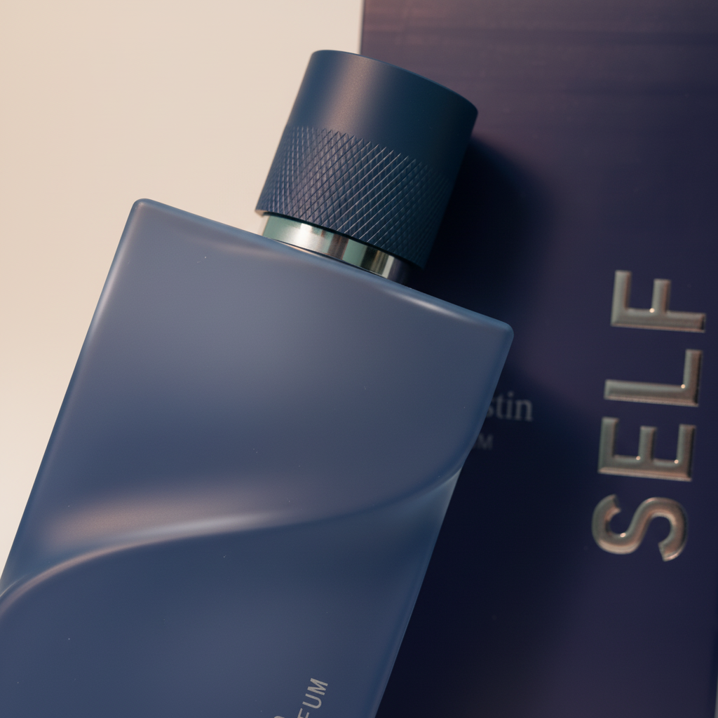 Detalhe do frasco do perfume Self Eau de Parfum Masculino - Stella Dustin com foco no vidro e no líquido