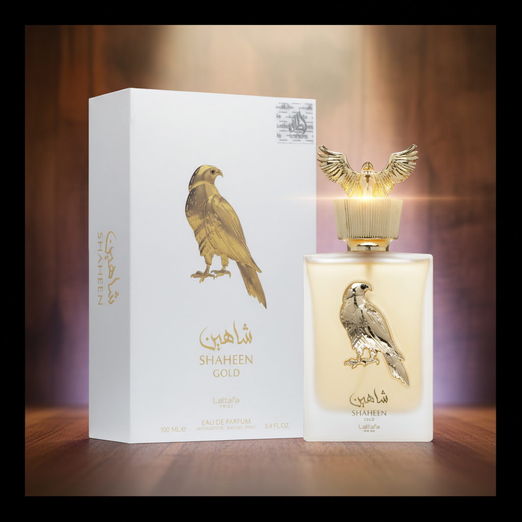 Perfume Shaheen Gold Eau de Parfum Unissex - Lattafa em composição atmosférica com iluminação sofisticada