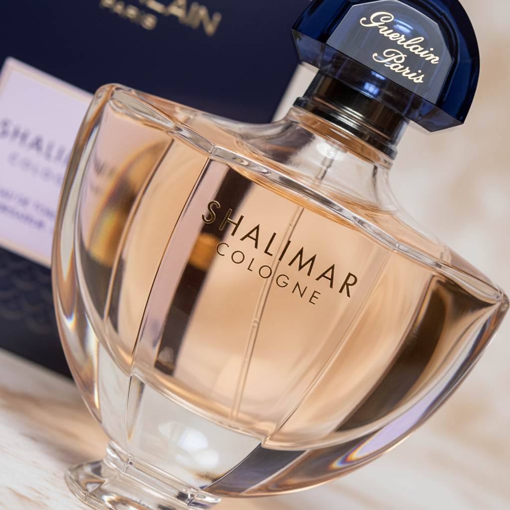 Detalhe do frasco do perfume Shalimar Cologne Eau de Toilette Feminino - Guerlain com foco no vidro e no líquido