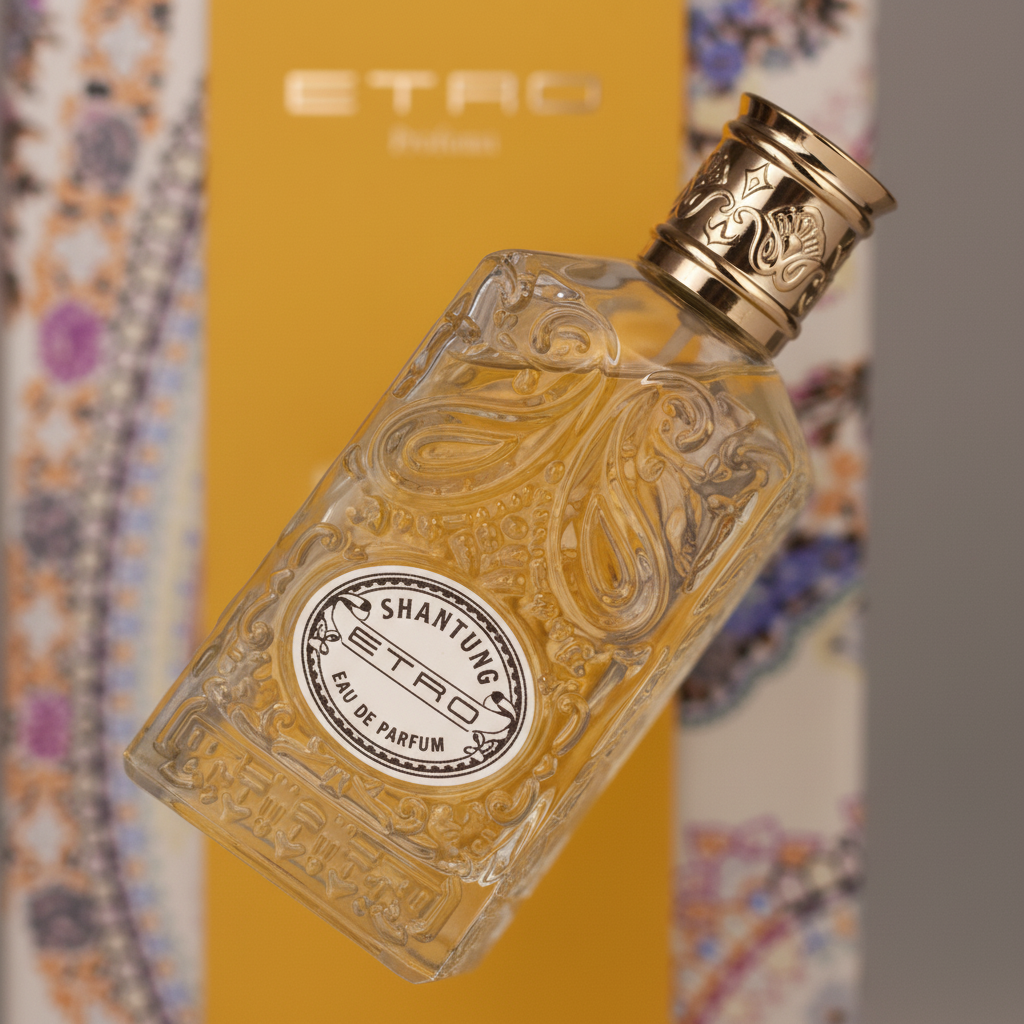 Detalhe do frasco do perfume Shantung Eau de Parfum Unissex - Etro com foco no vidro e no líquido