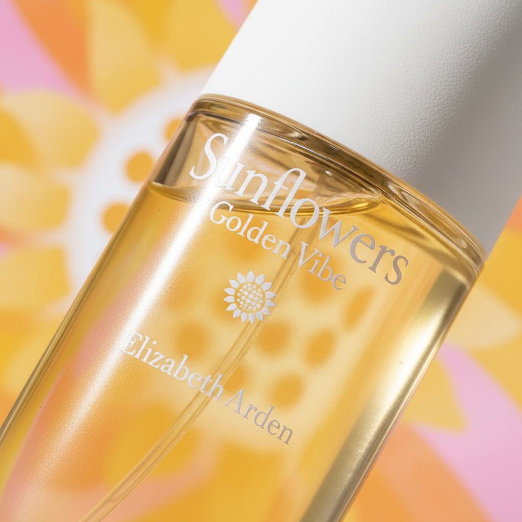 Detalhe do frasco do perfume Sunflowers Golden Vibe Eau de Toilette Feminino - Elizabeth Arden com foco no vidro e no líquido