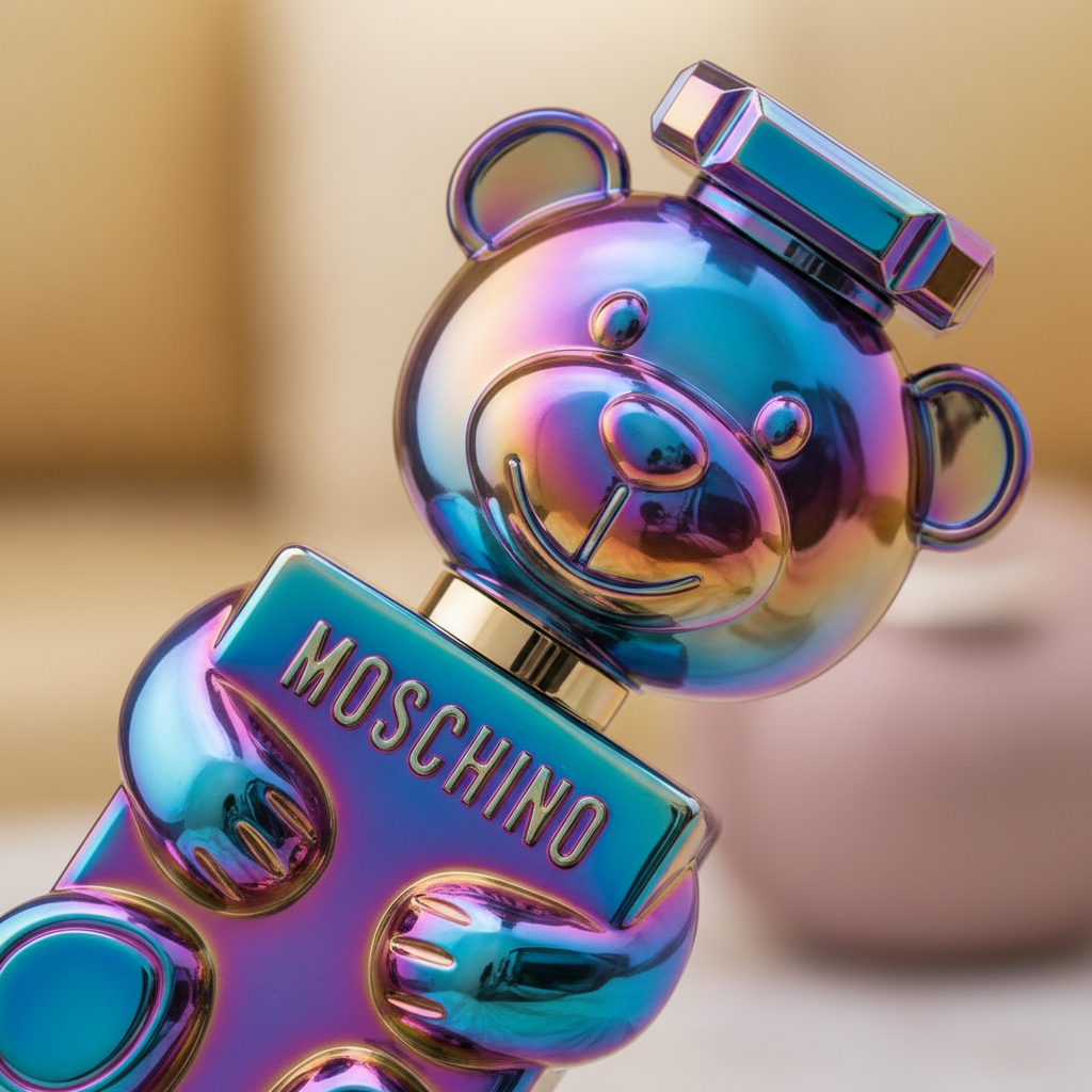 Detalhe do frasco do perfume Toy 2 Pearl Eau de Parfum Unissex - Moschino com foco no vidro e no líquido