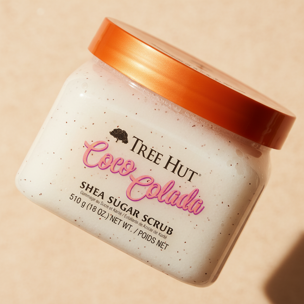 Detalhe do frasco do perfume Tree Hut Coco Colada Shea Sugar Scrub Esfoliante Corporal Unissex - Tree Hut com foco no vidro e no líquido