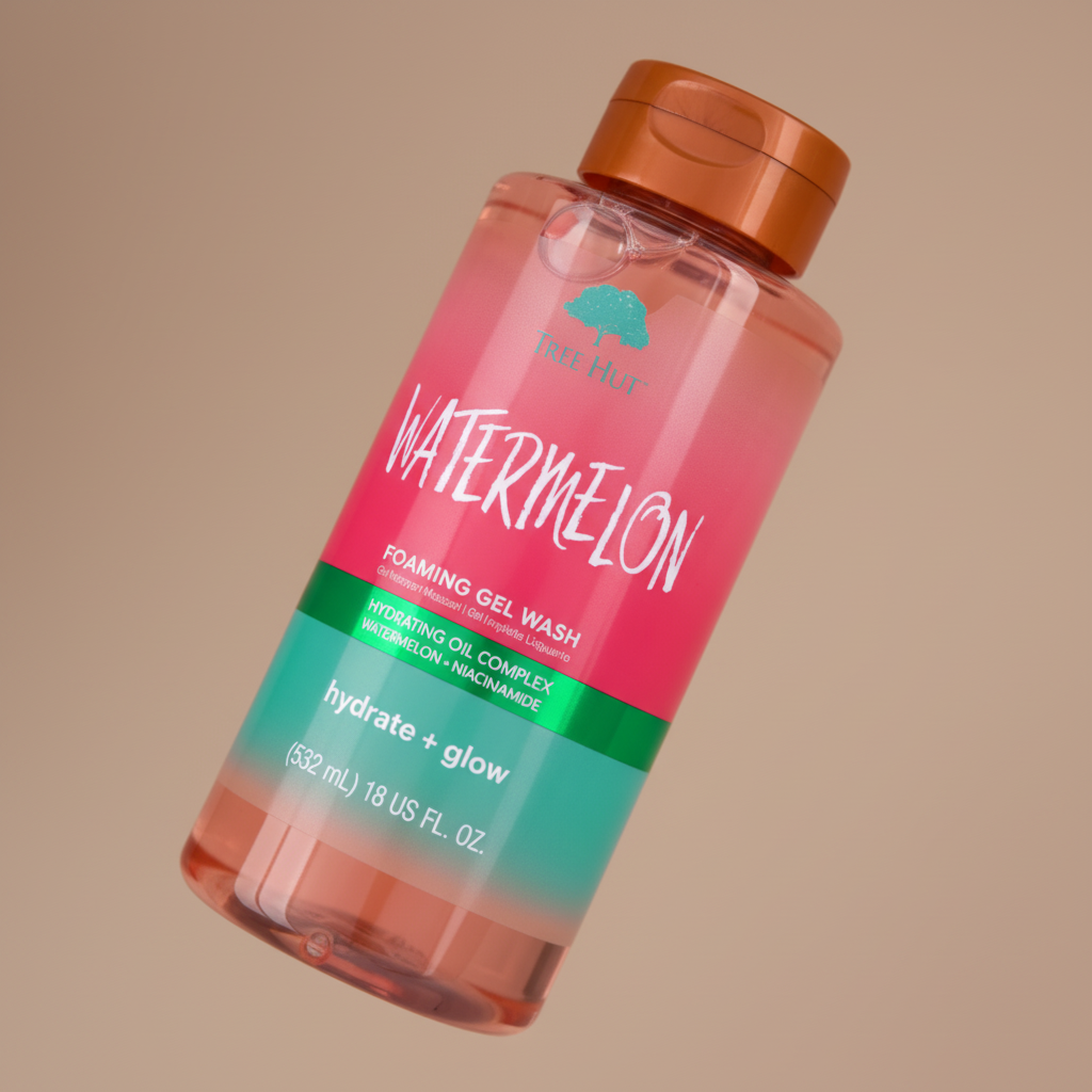 Detalhe do frasco do perfume Tree Hut Watermelon Foaming Gel Wash Sabonete Liquido - Tree Hut com foco no vidro e no líquido